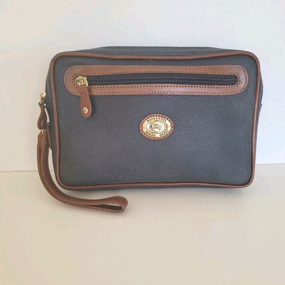 Burberry Vintage Leather Wristlet Zip Unisex Handbag Clutch Navy Blue Pouch - Picture 1 of 10